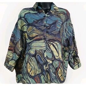 3 potato Button Up Blouse Sz XS/S Oversize Green Abstract Lagenlook Art to Wear